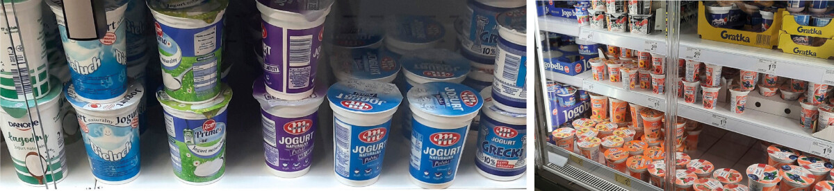 jogurty na półce sklepowej